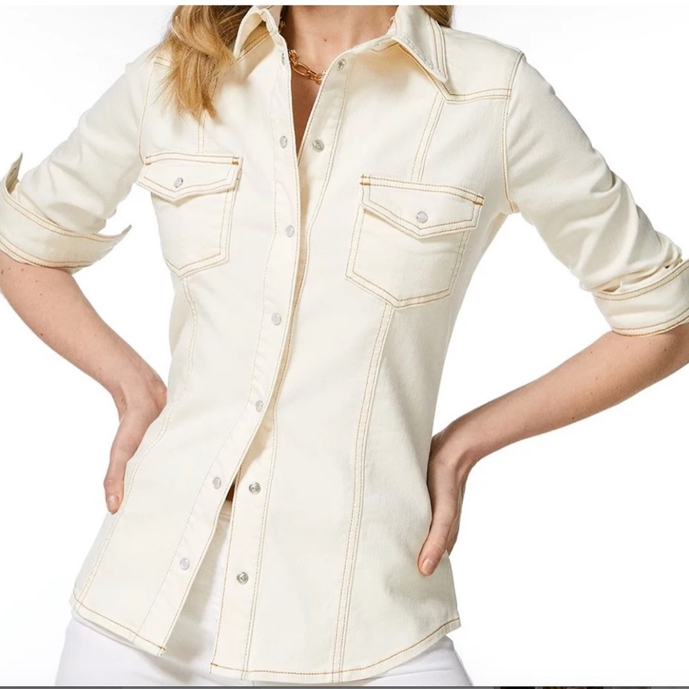 NWT Karen Mullen snap front denim shirt in cream